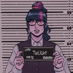 Size: 2098x2098 | Tagged: safe, artist:cardigansandcats, derpibooru import, sci-twi, twilight sparkle, human, equestria girls, barbie mugshot meme, female, meme, mugshot, solo