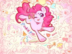 Size: 2160x1620 | Tagged: safe, artist:千雲九枭, derpibooru import, part of a set, pinkie pie, earth pony, pony, ;p, cute, diapinkes, female, looking at you, mare, name, one eye closed, smiling, smiling at you, solo, tongue, tongue out, wink, winking at you