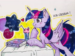 Size: 3865x2898 | Tagged: safe, derpibooru import, twilight sparkle, twilight sparkle (alicorn), alicorn, pony, book, cute, ear fluff, ears, food, heart, ice cream, simple background, solo, tongue, tongue out, twiabetes, white background