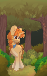 Size: 1338x2160 | Tagged: safe, artist:lissa__bee, derpibooru import, oc, oc only, oc:morning latte, pony, unicorn, big ears, blaze (coat marking), clothes, coat markings, detailed background, ears, facial markings, female, forest, mare, nature, outdoors, raised hoof, raised leg, scarf, smiling, socks (coat marking), solo, tree