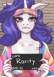 Size: 4341x6132 | Tagged: safe, artist:thaliati, derpibooru import, rarity, anthro, human, unicorn, barbie mugshot meme, blushing, crying, female, humanized, lipstick, makeup, mare, meme, mugshot, piercing, simple background