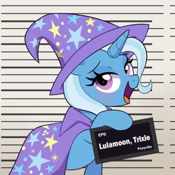 Size: 2500x2500 | Tagged: safe, artist:darkynez, derpibooru import, trixie, pony, unicorn, barbie mugshot meme, lidded eyes, looking at you, meme, mugshot, open mouth, open smile, smiling, solo