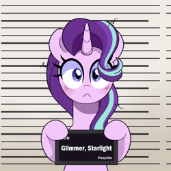 Size: 2500x2500 | Tagged: safe, artist:darkynez, derpibooru import, starlight glimmer, pony, unicorn, :<, barbie mugshot meme, dishevelled, meme, mugshot, solo, wide eyes