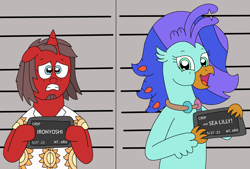 Size: 2732x1852 | Tagged: safe, artist:supahdonarudo, derpibooru import, oc, oc only, oc:ironyoshi, oc:sea lilly, classical hippogriff, hippogriff, unicorn, barbie mugshot meme, clothes, happy, holding, jewelry, meme, mugshot, necklace, scared, shirt