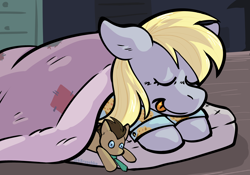 Size: 3000x2100 | Tagged: safe, artist:k8ryoshka, derpibooru import, derpy hooves, doctor whooves, original species, pegasus, pony, :p, bed, bedroom, blanket, clothes, digital art, eyes closed, food, muffin, necktie, pajamas, plush pony, plushie, sleeping, solo, tongue, tongue out