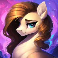 Size: 640x640 | Tagged: safe, ai content, derpibooru import, generator:novelai, generator:stable diffusion, machine learning generated, earth pony, pony, background, blue eyes, brown hair, female, feral, fluffy, lidded eyes, long hair, mare, smiling, solo