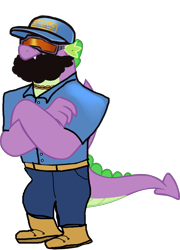 Size: 1280x1781 | Tagged: safe, artist:memnoch, derpibooru import, edit, spike, dragon, beard, boots, cap, clothes, crossover, facial hair, foreman spike, gigachad spike, goggles, hat, male, name pun, namesake, older, older spike, pun, shoes, simple background, solo, super mario bros., the super mario bros. movie, transparent background, vector, vector edit, visual pun, winged spike, wings, wrecking crew