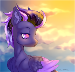 Size: 2500x2400 | Tagged: safe, artist:deadoyster, derpibooru import, oc, oc only, oc:shadow galaxy, pegasus, pony, chest fluff, cloud, commission, ear fluff, ears, ethereal mane, sky, solo, starry mane, sunset, wings, ych result