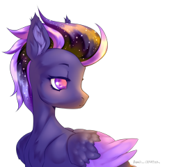 Size: 2500x2400 | Tagged: safe, alternate version, artist:deadoyster, derpibooru import, oc, oc only, oc:shadow galaxy, pegasus, pony, chest fluff, commission, ear fluff, ears, ethereal mane, simple background, solo, starry mane, transparent background, wings, ych result