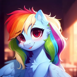Size: 1500x1500 | Tagged: safe, ai content, artist:nightluna, derpibooru exclusive, derpibooru import, generator:purplesmart.ai, generator:stable diffusion, machine learning assisted, rainbow dash, pegasus, pony, :p, blushing, cheek fluff, chest fluff, cute, dashabetes, ear fluff, ears, eyebrows, eyebrows visible through hair, eyelashes, female, fluffy, looking at you, mare, neck fluff, smiling, smiling at you, snoot, solo, tongue, tongue out