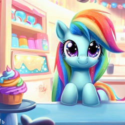 Size: 1024x1024 | Tagged: safe, ai content, derpibooru import, generator:dall-e 2, machine learning generated, rainbow dash, pegasus, pony, counter, cupcake, cute, cute smile, dashabetes, female, food, looking at you, mare, shop, smiling, smiling at you, solo, sparkly eyes, sugarcube corner, wingding eyes