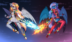 Size: 3700x2197 | Tagged: safe, artist:airiniblock, derpibooru import, oc, oc only, oc:stormy, oc:vivid tone, alicorn, anthro, pegasus, anthro oc, armor, clothes, dress, ear fluff, ears, female, night, rcf community, stars, sword, tail, weapon, wings