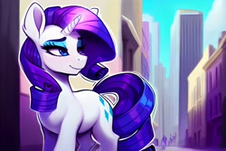 Size: 2304x1536 | Tagged: safe, ai content, derpibooru import, generator:pony diffusion v4, generator:stable diffusion, machine learning generated, rarity, pony, unicorn, city, female, mare, prompter:siber, solo, street, walking