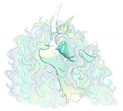 Size: 1323x1203 | Tagged: safe, artist:onionpwder, derpibooru import, princess celestia, alicorn, pony, bust, curved horn, horn, lidded eyes, portrait, simple background, smiling, solo, white background