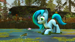 Size: 1920x1080 | Tagged: safe, artist:skyarrow, derpibooru import, oc, oc only, oc:aqua, earth pony, fish, pony, 3d, cute, female, filly, foal, lilypad, pond, source filmmaker, tree, water