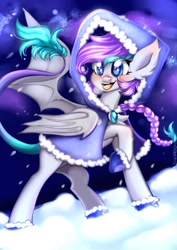 Size: 1448x2048 | Tagged: safe, artist:pozya1007, derpibooru import, oc, oc only, bat pony, pony, blushing, braid, breath, cloak, clothes, cold, happy, hood, leonine tail, open mouth, open smile, shoes, smiling, snow, solo, spread wings, tail, wings