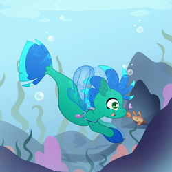 Size: 3979x3979 | Tagged: safe, artist:cutepencilcase, derpibooru import, oc, oc only, crab, seapony (g4), boop, commission, jewelry, necklace, smiling, underwater, water, ych result