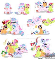 Size: 1024x1111 | Tagged: safe, artist:linadoon, derpibooru import, oc, oc only, oc:applebuck, oc:cloudchaser, oc:colorful thunder, oc:dazzleflash, oc:precious, oc:sunnynight, oc:wavedancer, dracony, earth pony, hybrid, pegasus, pony, unicorn, age progression, baby, baby pony, book, colt, cute, deviantart watermark, female, filly, flying, foal, freckles, holding a pony, interspecies offspring, levitation, magic, magical lesbian spawn, male, obtrusive watermark, offspring, older, pacifier, parent:applejack, parent:discord, parent:fluttershy, parent:pinkie pie, parent:princess celestia, parent:princess skystar, parent:rainbow dash, parent:rarity, parent:spike, parent:twilight sparkle, parents:dislestia, parents:flutterdash, parents:skypie, parents:sparity, parents:twijack, quill, simple background, telekinesis, watermark, white background