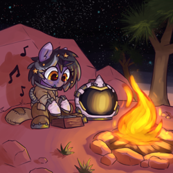Size: 2000x2000 | Tagged: safe, artist:rivibaes, derpibooru import, oc, oc only, oc:rivibaes, pony, unicorn, campfire, female, filly, foal, music notes, musical instrument, outer wilds, solo, spacesuit, stars, tree
