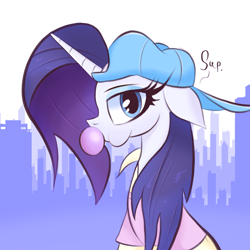 Size: 2048x2048 | Tagged: safe, artist:thebigstuff898, derpibooru import, rarity, pony, unicorn, alternate hairstyle, backwards ballcap, baseball cap, bubblegum, cap, disguise, female, food, gum, hat, plainity, solo