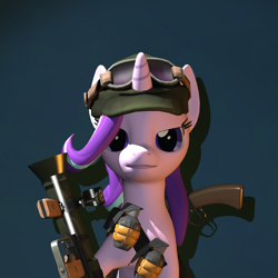 Size: 2160x2160 | Tagged: safe, artist:xafilah, derpibooru import, starlight glimmer, pony, unicorn, 3d, grenade, gun, hat, high res, looking at you, rocket launcher, shotgun, simple background, solo, team fortress 2, weapon