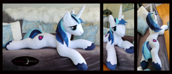 Size: 6408x2773 | Tagged: safe, artist:purplenebulastudios, derpibooru import, shining armor, pony, irl, lying down, photo, plushie, prone, solo