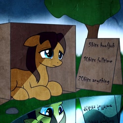 Size: 894x894 | Tagged: safe, artist:djseras, derpibooru import, oc, oc only, earth pony, pony, alone, box, cardboard box, dark sky, lake, pony in a box, rain, reflection, sad, solo, text, tree, water