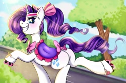 Size: 2048x1346 | Tagged: safe, artist:pozya1007, derpibooru import, rarity, pony, unicorn, blushing, bow, butt, grin, hair bow, headband, looking at you, plot, rearity, roller skates, saddle, skates, smiling, smiling at you, solo, tack, tail, tail bow