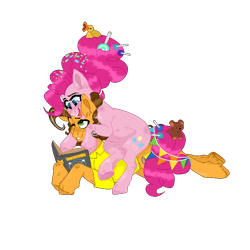 Size: 750x750 | Tagged: safe, artist:kamokpushok, derpibooru import, cheese sandwich, pinkie pie, earth pony, pony, book, cheesepie, commission, cuddling, female, looking at each other, looking at someone, love, male, married couple, older, older cheese sandwich, older pinkie pie, shipping, simple background, straight, transparent background, ych result, your character here