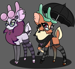 Size: 2855x2637 | Tagged: safe, artist:mrneo, derpibooru import, cashmere (tfh), oc, oc:mohair, deer, reindeer, them's fightin' herds, antlers, belt, black rose, clothes, community related, duo, ear piercing, eyeshadow, fishnet clothing, fishnet stockings, flower, glasses, goth, leg warmers, makeup, piercing, rose, scarf, spiked wristband, tfh oc, umbrella, wristband