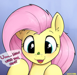 Size: 2122x2059 | Tagged: safe, artist:whiskeypanda, fluttershy, insect, pegasus, pony, blushing, bust, cute, daaaaaaaaaaaw, dialogue, female, gradient background, insect on nose, looking at something, mare, open mouth, open smile, shyabetes, signature, simple background, smiling, speech bubble