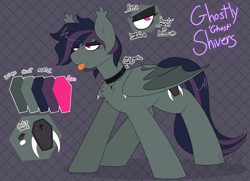 Size: 2482x1799 | Tagged: safe, artist:2k.bugbytes, oc, oc only, oc:ghostly shivers, bat pony, pony, choker, cute little fangs, fangs, female, folded wings, green coat, pink eyes, purple background, reference sheet, simple background, solo, tongue, tongue out, two toned mane, two toned tail, wings