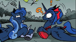 Size: 262x146 | Tagged: safe, derpibooru import, idw, princess luna, alicorn, g4, reflections, spoiler:comic, alternate universe, cropped, duo, duo female, evil counterpart, evil luna, female, mirror universe