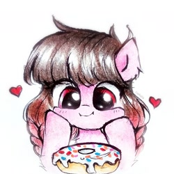 Size: 1585x1585 | Tagged: safe, artist:liaaqila, derpibooru import, oc, oc only, oc:arwencuack, pegasus, pony, cute, donut, eye clipping through hair, female, food, heart, hooves on cheeks, icon, mare, ocbetes, pegasus oc, signature, simple background, solo, white background