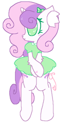 Size: 1196x2076 | Tagged: safe, artist:cutiesparke, derpibooru import, sweetie belle, semi-anthro, unicorn, alternate cutie mark, arm fluff, bipedal, blushing, bow, clothes, dress, ear fluff, ears, female, filly, fluffy, foal, hair bow, looking sideways, simple background, solo, sparkly eyes, sparkly mane, white background, wingding eyes