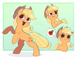 Size: 2677x2042 | Tagged: safe, artist:syrupyyy, derpibooru import, applejack, earth pony, pony, apple, applejack's hat, clothes, cowboy hat, cute, female, food, freckles, hat, high res, jackabetes, mare, open mouth, solo, thought bubble