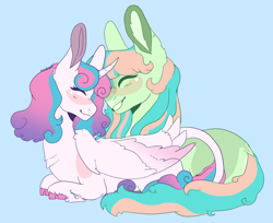 Size: 3776x3087 | Tagged: safe, artist:astrodrveams, derpibooru import, coral currents, princess flurry heart, alicorn, earth pony, pony, blue background, eyes closed, female, flurrycurrents, lesbian, looking at you, lying down, mare, older, older coral currents, older flurry heart, prone, shipping, simple background, smiling, smiling at you