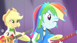Size: 3072x1727 | Tagged: safe, derpibooru import, screencap, applejack, pinkie pie, rainbow dash, human, equestria girls, rainbow rocks, applejack's hat, bass guitar, clothes, cowboy hat, cutie mark on clothes, duo, duo female, duo focus, electric guitar, female, guitar, hat, microphone, musical instrument, one eye closed, smiling, wink