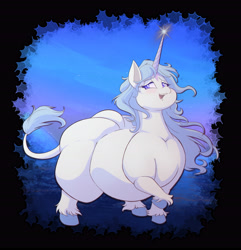 Size: 4444x4617 | Tagged: safe, artist:goblin0verlord, artist:goblinhordestudios, derpibooru import, classical unicorn, pony, unicorn, absurd resolution, amalthea, blank flank, blushing, bottom heavy, butt, chubby cheeks, colored hooves, crossover, fat, female, horn, huge butt, impossibly large butt, large butt, leonine tail, lidded eyes, night, open mouth, open smile, ponified, smiling, solo, species swap, the last unicorn, thighs, thunder thighs, unshorn fetlocks, wide hips