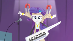 Size: 3072x1727 | Tagged: safe, derpibooru import, screencap, rarity, human, equestria girls, rainbow rocks, female, frown, hairpin, keytar, magnet, microphone, microphone stand, musical instrument, solo