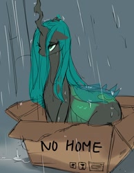 Size: 690x891 | Tagged: source needed, safe, artist:chigusa, derpibooru import, queen chrysalis, changeling, changeling queen, cardboard box, changeling in a box, female, homeless, rain, sad, solo