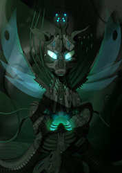 Size: 1946x2755 | Tagged: source needed, safe, artist:apuljack, derpibooru import, queen chrysalis, changeling, pony, robot, biomechanical, solo