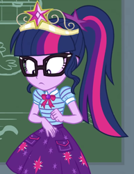 Size: 560x726 | Tagged: safe, derpibooru import, edit, edited screencap, editor:incredibubbleirishguy, screencap, sci-twi, twilight sparkle, better together, equestria girls, holidays unwrapped, big crown thingy, chalkboard, cropped, crown, element of magic, jewelry, regalia, solo, the cider louse fools