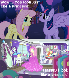 Size: 1089x1226 | Tagged: safe, derpibooru import, edit, edited screencap, editor:incredibubbleirishguy, screencap, fluttershy, rarity, twilight sparkle, twilight sparkle (alicorn), alicorn, human, pegasus, pony, better together, choose your own ending, costume conundrum, costume conundrum: rarity, equestria girls, magical mystery cure, caption, clothes, comparison, cyoa, dress, female, fluttershy day, magical mystery cure 10th anniversary, mare, princess costume, princess fluttershy, rarity peplum dress, similarities, text