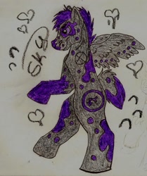 Size: 1072x1280 | Tagged: safe, artist:ino89777, derpibooru import, oc, oc only, oc:sky fancy hooves, pegasus, semi-anthro, coat markings, side view, solo, spread wings, traditional art, wings