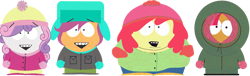 Size: 2933x888 | Tagged: safe, derpibooru import, edit, apple bloom, babs seed, scootaloo, sweetie belle, beanie, buttons, clothes, coat, crossover, cutie mark crusaders, double chin, eric cartman, fat, female, gloves, happy, hat, hood, kenny mccormick, kyle broflovski, overweight, pants, parka, pocket, recolor, shoes, simple background, smiling, south park, stan marsh, transparent background, ushanka