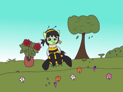 Size: 700x525 | Tagged: safe, artist:wanda, derpibooru import, oc, oc only, oc:anon filly, pony, animal costume, bee costume, bush, clothes, costume, female, field, filly, flower, foal, solo, tree
