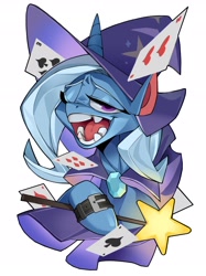 Size: 2000x2667 | Tagged: safe, artist:pipemare, derpibooru import, trixie, pony, unicorn, bust, cape, clothes, fangs, female, hat, one eye closed, open mouth, playing card, simple background, solo, teeth, trixie's cape, trixie's hat, wand, watch, white background, wink