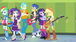 Size: 3072x1727 | Tagged: safe, derpibooru import, screencap, applejack, flash sentry, rainbow dash, rarity, twilight sparkle, human, equestria girls, rainbow rocks, applejack's hat, bass guitar, boots, clothes, cowboy boots, cowboy hat, crossed arms, cutie mark on clothes, eyes closed, female, frown, hairpin, hat, high heel boots, jacket, keytar, male, musical instrument, shoes