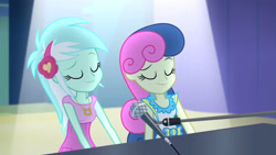 Size: 3072x1727 | Tagged: safe, derpibooru import, screencap, bon bon, lyra heartstrings, sweetie drops, human, equestria girls, rainbow rocks, duo, duo female, eyebrows, eyes closed, female, microphone, microphone stand, musical instrument, palindrome get, piano, raised eyebrow, smiling